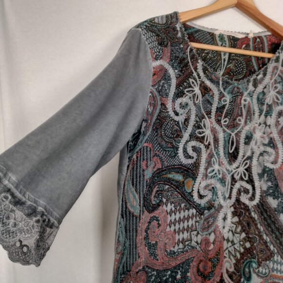 Soft Surroundings Tunic Top Shirt Women Small Gray Paisley Embroidered Lace Trim - Picture 7 of 16